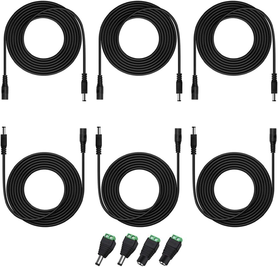 6PCS 10FT(3m) 12V DC Power Extension Cable with Power Jack Adapter Connectors(2 x Male + 2 x Female) 5.5mm x 2.1mm DC Power Adapter Extension Cord and Cable Wire Ends Plug HE016-6