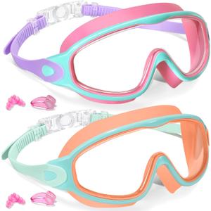 Keary 2 Pack Kids Swim Goggles for 3-15 UV Protection Anti-Fog Pool Water Swimming Goggles For Boys Girls Youth Toddler (Pink & Orange)