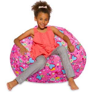 Posh Creations Bean Bag Chair for Kids, Teens, and Adults Includes Removable and Machine Washable Cover, Canvas Multi-Colored Hearts on Pink, 38in - Large