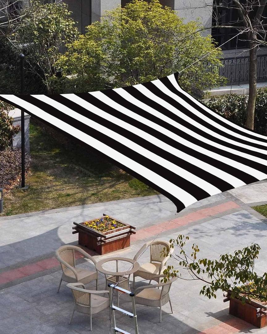 Black Striped Sun Shade Sail 8'x10' Rectangle Outdoor Shade Canopy, Modern Farmhouse Black White Stripes Porch Shades Outdoor Sun Blocking Screen, Sunshade Cloth Covers for Deck/Patio/Garden
