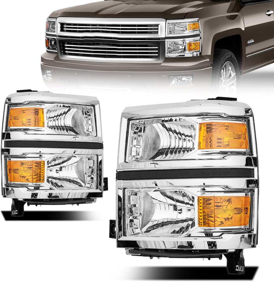 Front Headlight Assembly for 2014-2015 Chevy Silverado Pickup - Replacement Headlamp, Front Bumper Lights (Chrome-Amber)