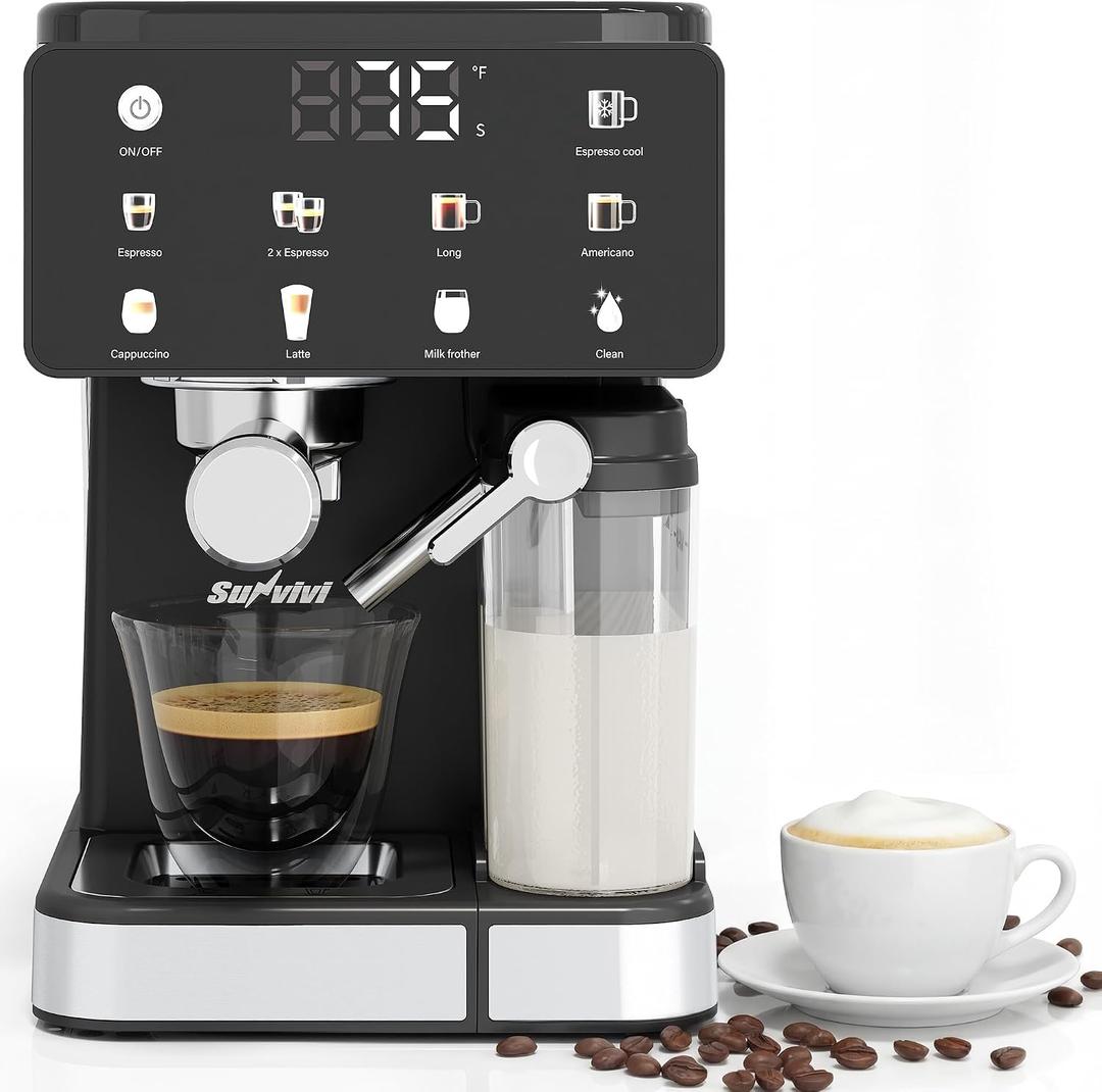 Espresso & Americano Machine with Cold Brew, Iced Coffee Maker with Ground/Capsule Dual Brewing, Touchscreen, Milk Frother, Latte & Cappucinno Maker with 51OZ Water Tank, Self-clean, Black