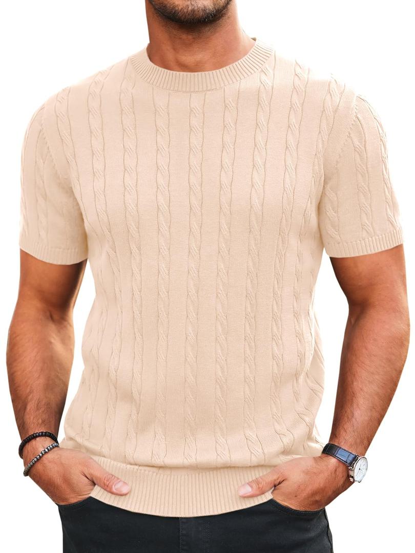 Runcati Mens Knit Short Sleeve T Shirts Casual Crewneck Slim Fit Shirt Cable Knitted Stretch Pullover Tees Beige (Beige, M)