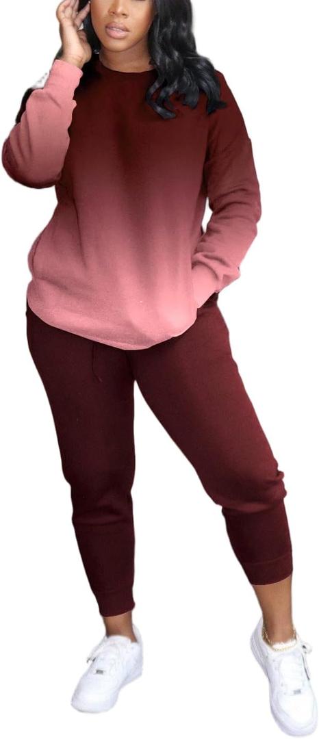 HBQ Two Piece Outfits For Women Casual Long Sleeve Sweatsuits Jogger Tracksuits Lounge Sets With Pockets-Wind Red Gradient, XXL
