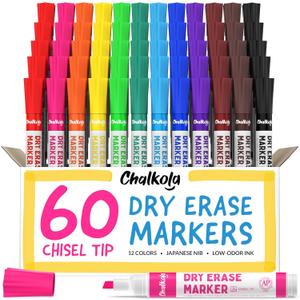 Chalkola Dry Erase Markers Bulk (60 Pack, 12 Vibrant Colors) | Chisel Tip WhiteBoard Markers, Dry Erase Pens - White Board Pens for Kids, Teachers - Home, Office, School Classroom Supplies