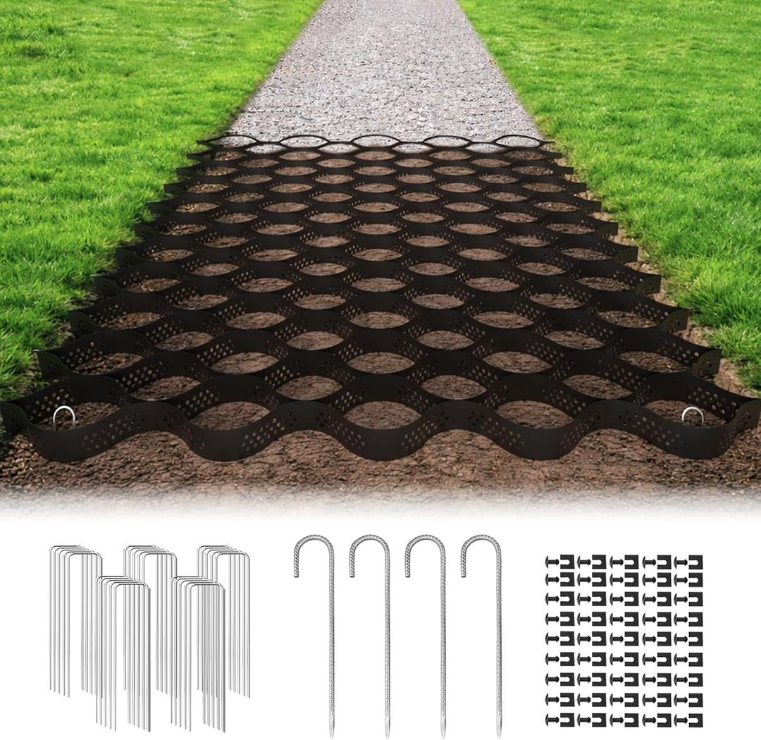 Gravel Grid 2'' Depth with Metal Stakes, 6.6x65 FT Geogrid for Gravel Driveway 2200 lbs per Sq FT Erosion Control Ground Grid Gravel Stabilizer Grid for Driveway, Parking Lot, Slope, Walkway, Patio