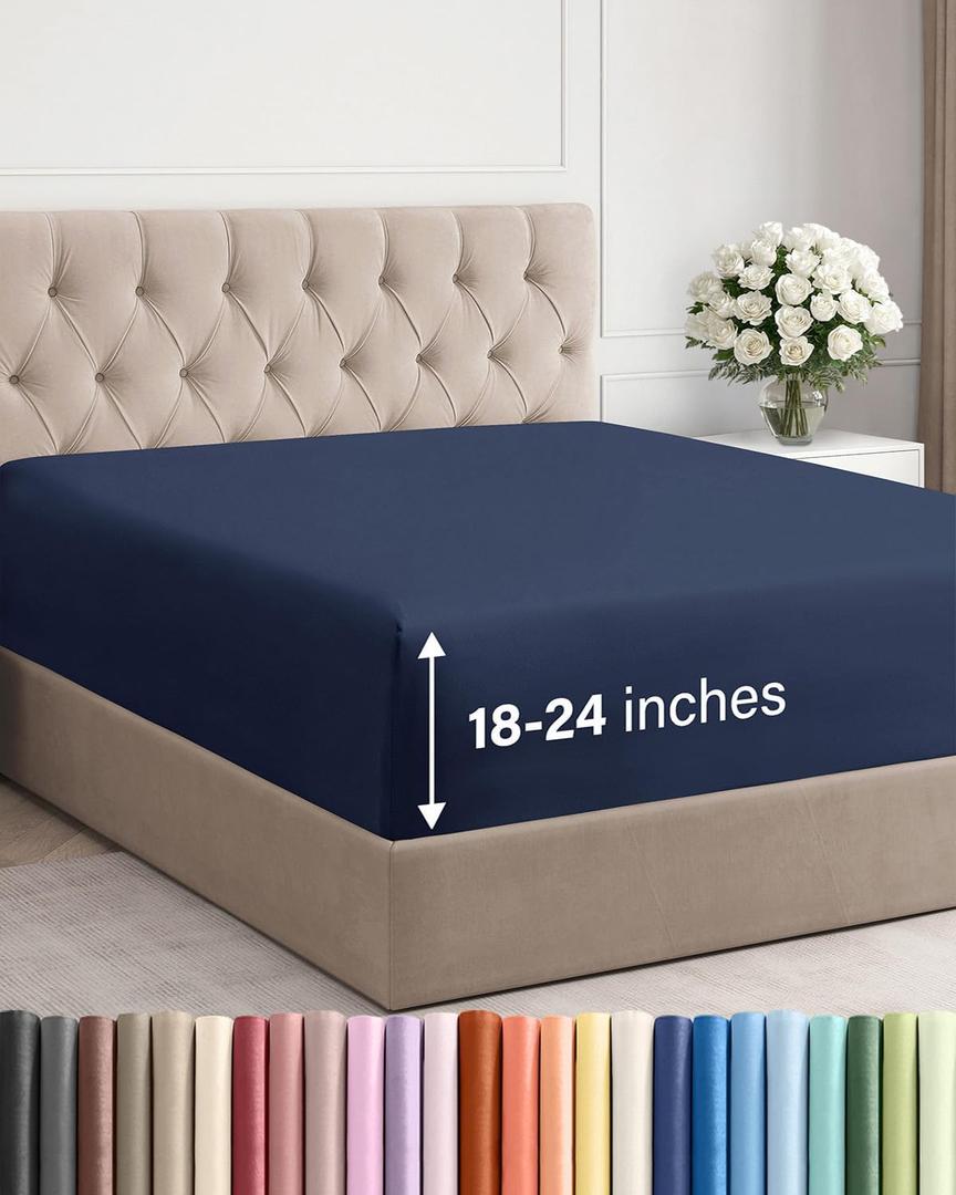 Extra Deep Cal King Fitted Sheet - Hotel Luxury Single Fitted Sheet Only - Easily Fits 18 inch to 24 inch Mattress - Ultra Soft, Wrinkle Free with Extra Deep Pockets - Breathable & Comfy - Navy Blue