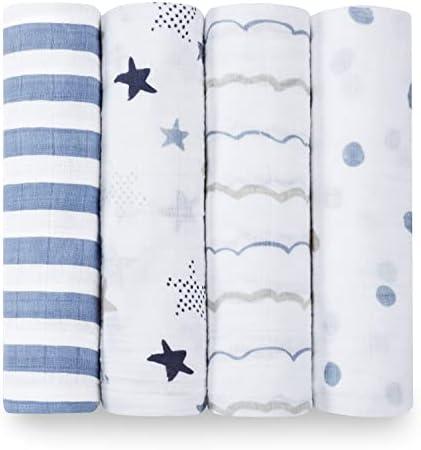 aden + anais Boutique Muslin Swaddle Blanket for Baby Girls and Boys, Newborn Receiving Blanket for Swaddling, 100% Muslin Cotton Swaddle Wrap, 4 Pack, Rock Star