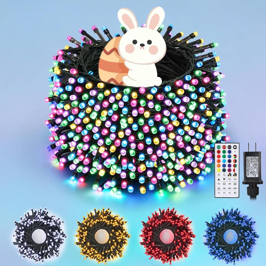 iShabao Easter Pastel Lights, 115ft 300 LED RGB Colorful Changing Light with Remote Timer, Wateproof Plug in Unconnectable Twinkle Fairy String Lights for Wreath Home Party Indoor Outdoor Easter Decor (RGB (Red, Green, Blue))