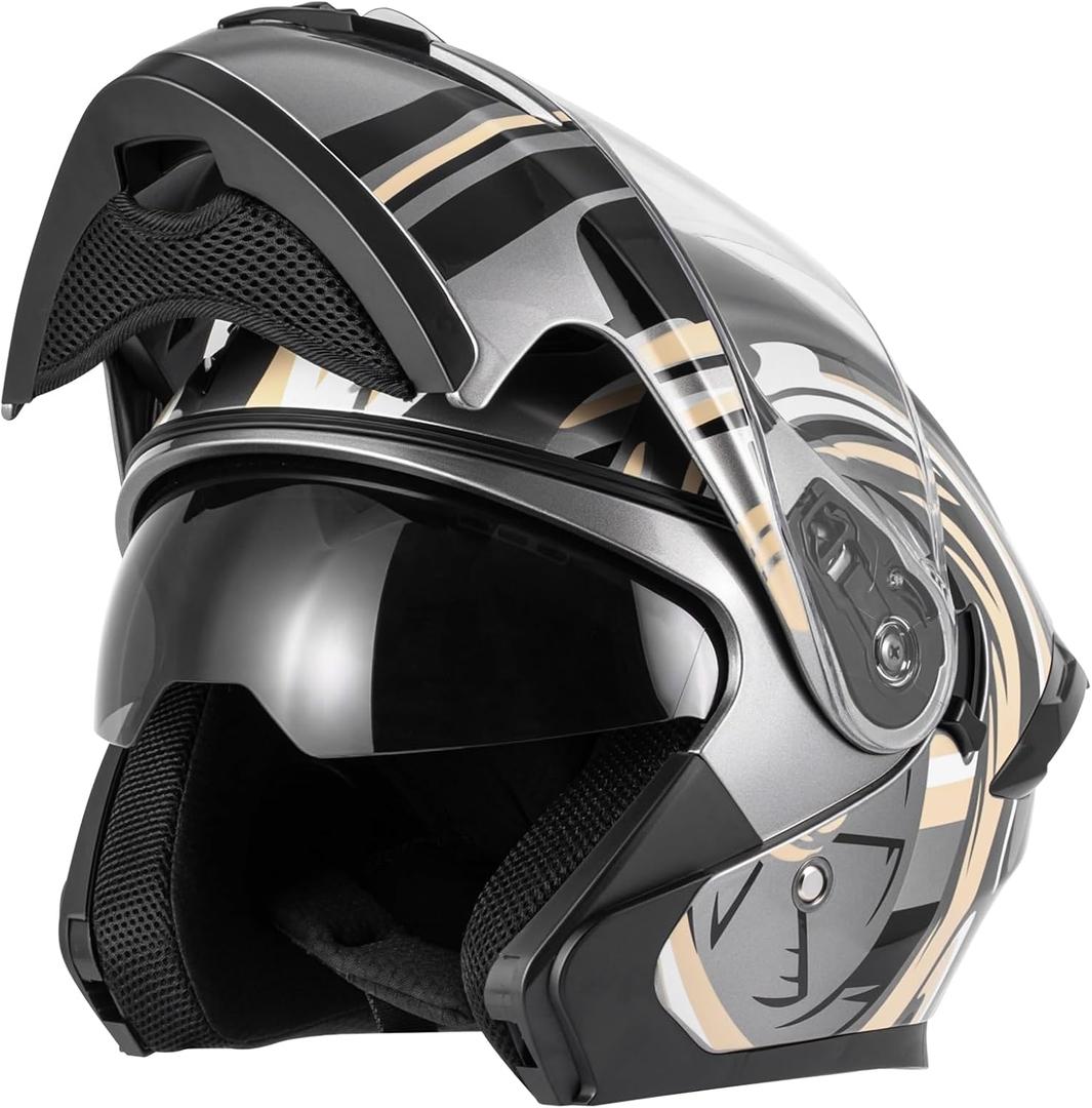 CUTEY DOT Certified Modular Full Face Motorcycle Helmet - Flip-Up Design with Dual Visor for Adults Men & Women, Large