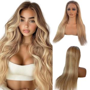 Ash Blonde Lace Front Wig Human Hair 180% Density, 13x4 Silky Straight Mini Knots HD Invisible Lace Wig for Women Glueless Highlights Wigs 20 Inch Brazilian Free Part Frontal Wigs (#4T12P613)