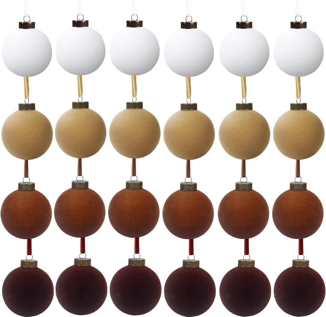 24 PcsVelvet Christmas Balls Bulk Shatterproof Plastic Christmas Tree Decorations for Decorative Hanging Baubles (24, WhiteKhakiBrownCoffee, 2.36Inch)