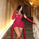 Women Sexy Strapless Tube Top Mesh Layered Mini Dress Bodycon Ruched Side Ribbons Bandage Dress Birthday Dresses (Red, M)