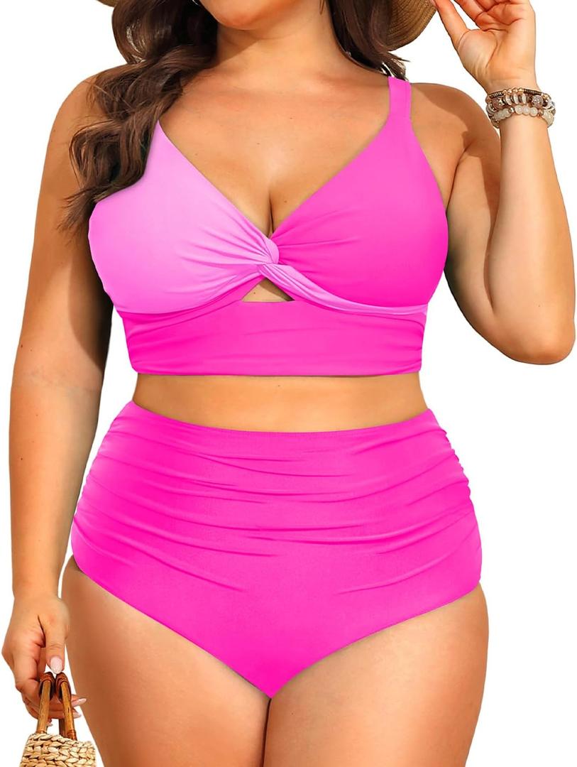 Daci Plus Size Two Piece Swimsuits - Women High Waisted Bikini Tummy Control Bathing Suits Knot Twist Swimwear 2025 (Rose Red and Pink), Size: 16W