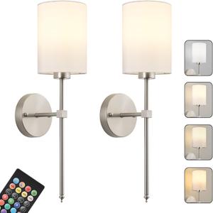 Battery Operated Wall Sconces Set of Two,Wireless Rechargeable Wall Light With Remote Control, Dimmable, Amber Light/Warm White/Natural White/Daylight/RGB,Timer,for Living Room,Bedroom,Entryway,Nickel
