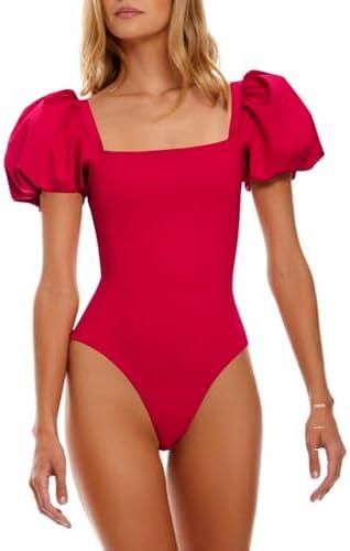 Saodimallsu Women's One Piece Swimsuit Short Puff Sleeve Square Neck Sexy Backless Tummy Control Bathing Suit Medium