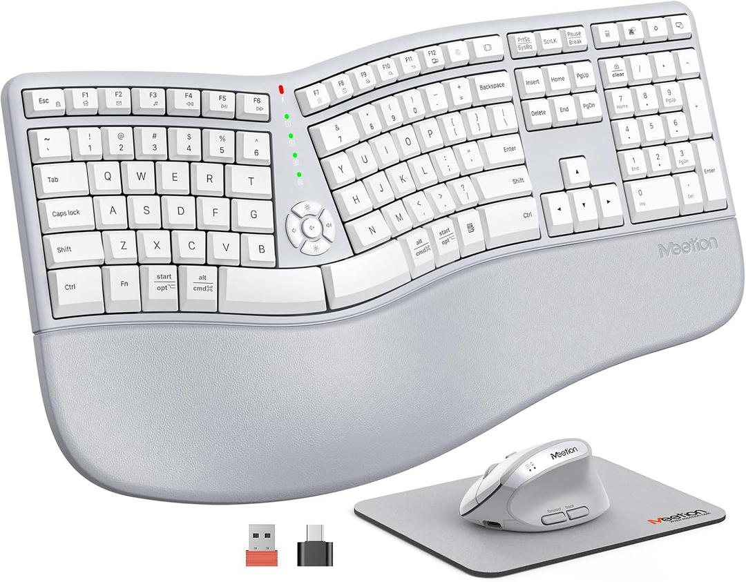 MEETION Ergonomic Keyboard and Mouse, Wireless Keyboard with Vertical Mouse, Split Curved Keyboard with Wrist Rest, Natural Typing Full Size for Windows/Mac/PC/Laptop, Gray