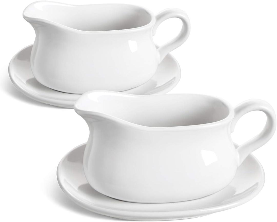 LE TAUCI 17oz Gravy Boat with Saucer Stand, Set of 2, Ceramic Sauce Boat with Tray for Salad Dressings, Creamer, Broth, Black Pepper, White