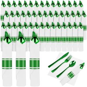 55 Pcs Pre Rolled Green Plastic Silverware Wrapped Green Cutlery | Pre Rolled Plastic Cutlery Set, Disposable Silverware with Dinner Napkins for St Patrick's Day