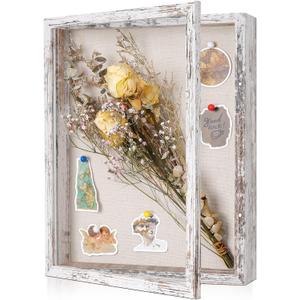 Califortree 12x16 Large Shadow Box Frame with Linen Back - Plexiglass Cover, Sturdy Rustic Memory Display Case of Flower, Pictures, Medals and More, Distressed White