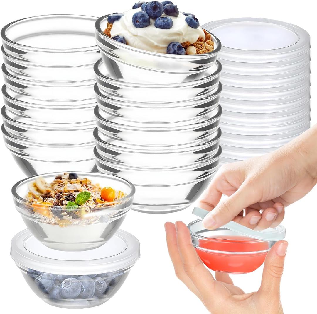 12 Pack Mini 3 Inch Small Glass Bowls with 12 Pack Lids, 2.5 oz Clear Glass Pinch Bowls, Condiment Containers, for Dips, spices, jams, Meal Prep Bowls