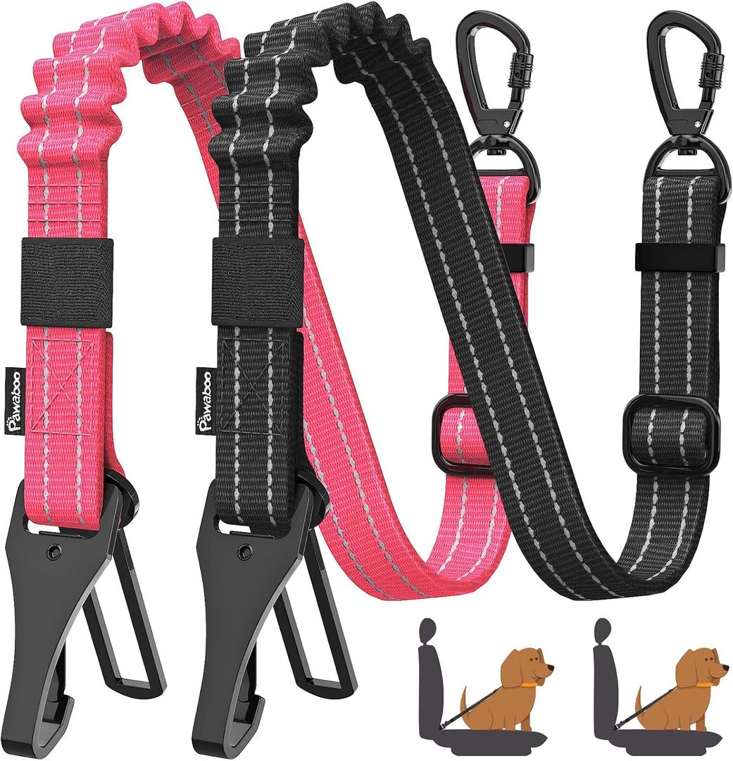 Pawaboo 2Pack Dog Seatbelt for Car, 3-in-1 Dog Car Seat Belt Bungee, Shockproof Dog Tether for Car with Buckle & Hook Latch, Adjustable Reflective Dog Harness Leash with 360 Lockable Buckle, Pink