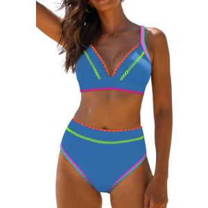 popvil High Waisted Bikini Sets for Women Tummy Control Swimsuits Two Piece Neon V Neck Drawstring Bathing Suits 2026 (Blue, M)