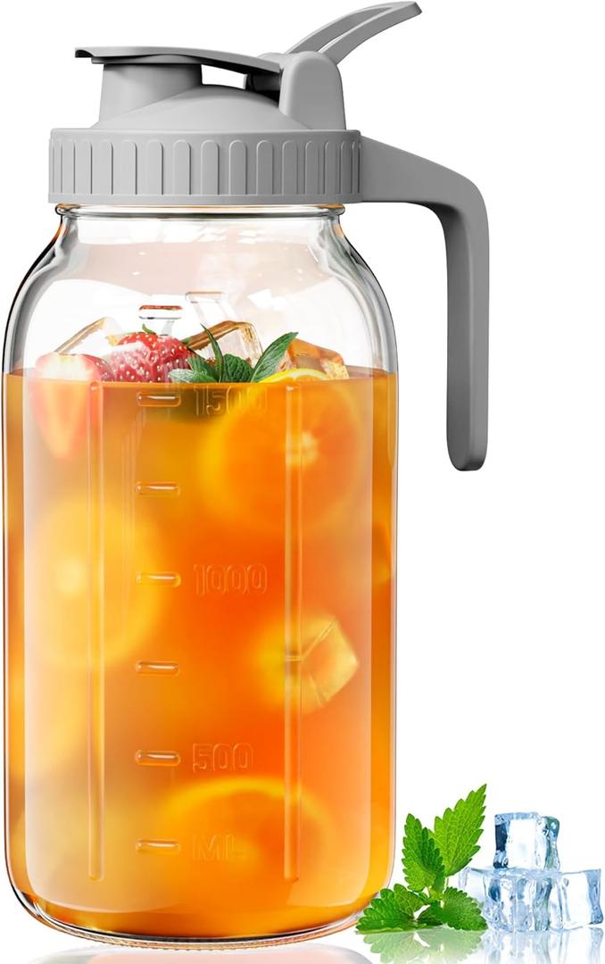 OneDream Glass Pitcher with Lid  64oz Glass Mason Jar Pitcher with Wide Mouth, Airtight Seal, Leak-Proof, Spout Design  Ideal for Iced Tea, Sun Tea, Cold Beverages, and Home Entertaining (Gray)