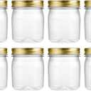 novelinks 8 oz Clear Plastic Jars with Airtight Lids, 8 Pack Plastic Mason Jars with Lids 8oz, Refillable Storage Slime Containers & Small Spice Jar for Kitchen Organization (8 Pack,Gold)