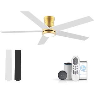 52" Smart Low Profile Ceiling Fans with Lights Remote,Outdoor Indoor Flush Mount Ceiling Fans,Controll by Voice WIFI Alexa App,Quiet DC Motor,Gold White Black Fan for Modern Bedroom Living Room Patio
