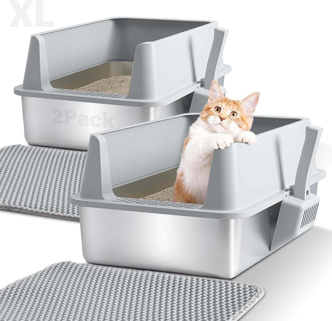 2 Pack Stainless Steel Litter Box,XL Metal Cat Litter Box with Lid High Sides,Extra Large Litter Box for Big Cats,Odor-Resistant, Scratch-Proof, Easy to Clean,Scoop &Mat Included