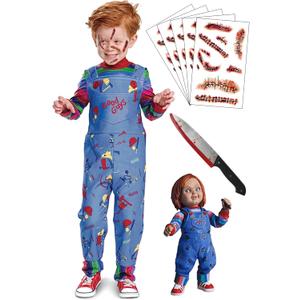 Halloween Chucky Costume for Kids Toddler Jumpsuit Long Sleeve Rainbow Shirt Scar Tattoos Prop Knife - XS Size