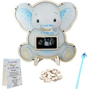 Elephant Baby Shower Decorations,Boy Baby Shower Guest Book Alternatives with Elephant Pen,Photo Frame and 60 Heart Wood Slices for 60 Guests,Gender Reveal Decorations