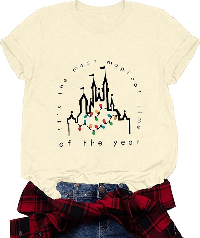 Merry Christmas Shirt Women Magical Christmas T-Shirt Christmas Lights tee Family Holiday Vacation Tops XL