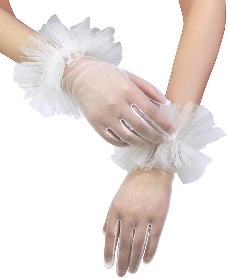 Bridal Short Tulle Sheer Gloves for Women Tea Party Ruffle Mesh Gloves Wedding Opera Glove (White)
