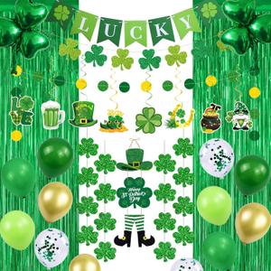 St Patrick's Day Decorations Kit,St Patricks Day Decorations Foil Fringe Curtains,Shamrock Lucky Banner,Clover Hanging Swirls,Door Hanging Ornament,Shamrock Garlands,Balloons for Home Party Supplies