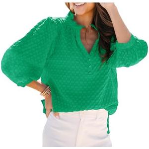 Womens Casual 3/4 Length Sleeve Tops 2025 Summer Button V Neck Texture Blouses Smocked Loose Pullover Tunic Tops Shirts size M