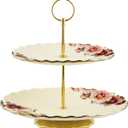 fanquare 2 Tier Vintage Porcelain Cupcake Stand, White High Tea Stand with Gold Trim, Floral Dessert Stand for Birthday Party, Wedding