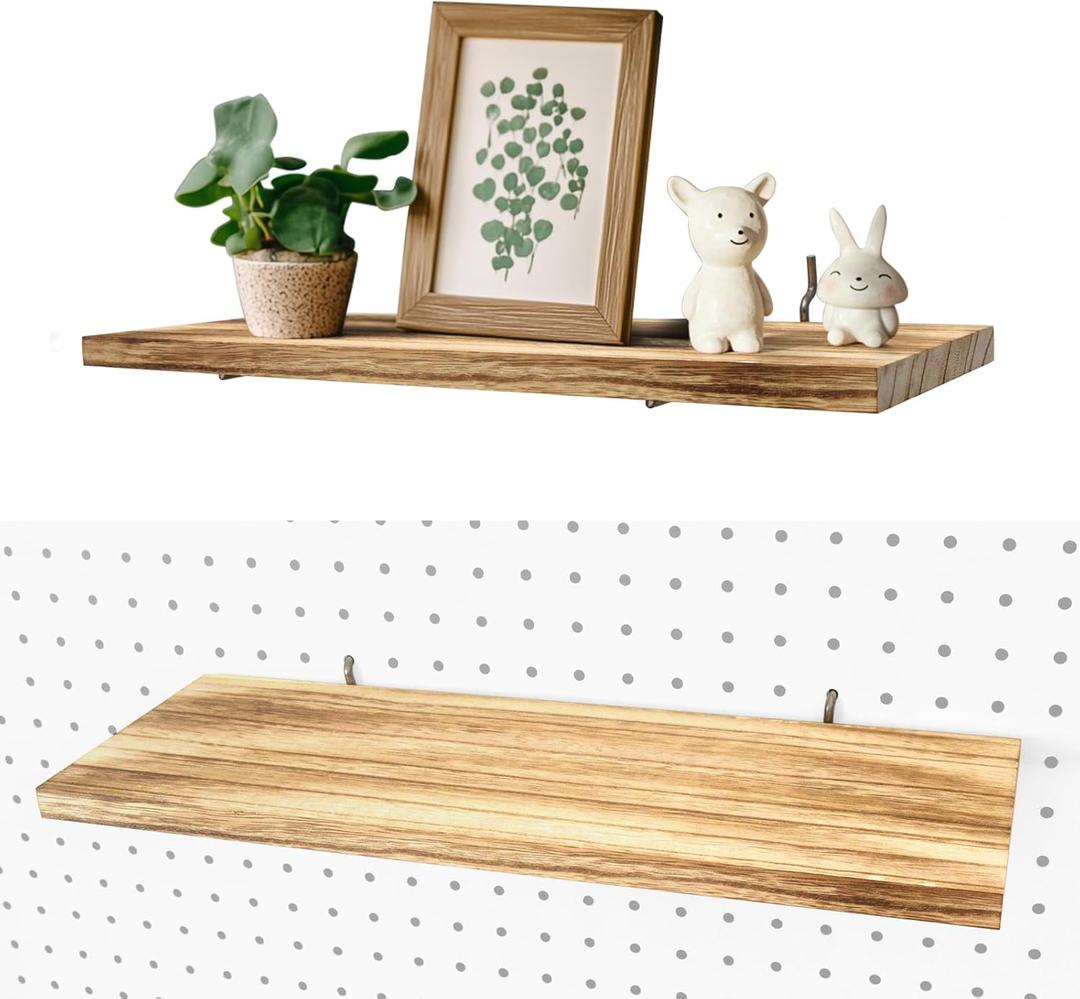 Pegboard Shelves, 16" x 6" Large Peg Board Racks 2Pack Wall Organizer Shelf, 1/4 inch Heavy Duty Metal Brackets Fit All Pegboards, Wood Slats, Craft Garage Workbench Office Shelving Accessories (Wood)