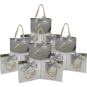 TKSBAG 50 Pack Small Thank You Gift Bags with Handles, 5.5''x 2.3''x4.7'' Mini Silver Gift Bags Bulk for Baby Shower, Birthday, Wedding, Party Favors, Mother's Day