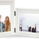 Vertical Horizontal Combo, Double 5x7 White Wood Art Picture Frame, Foldable Opening 4.5x6.5 Photo Frame, Portrait and Landscape View Standing on Desk
