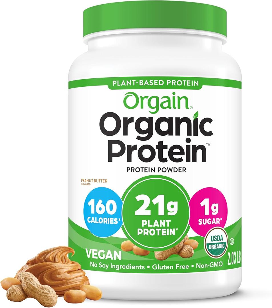 Orgain Organic Vegan Protein Powder, Peanut Butter - 21g Plant Protein, 7g Prebiotic Fiber, Low Net Carb, No Dairy Ingredients, No Added Sugar, For Shakes & Smoothies, 2.03 lb (Packaging May Vary)
