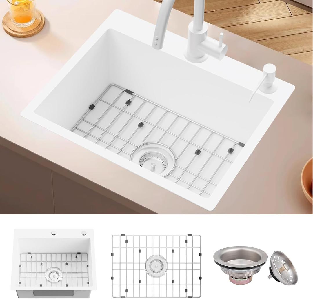 White 22x18In Kitchen And Bar Sink-Stainless Steel Drop In Single Bowl Topmount Kitchen&Bar Sink With SS Grid And Drain Assembly Clean&Bright White Bar Sink Enhance Aesthetic Appeal Of Modern Kitchen