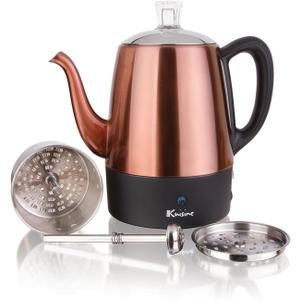 Euro Cuisine PER04 Stainless Steel Electric Coffee Percolator, 4 Cup, Polished Copper Finish, Dripless Gooseneck Spout, Clear Glass Knob, Brewing Indication, Keep-Warm Function, Detachable Cord