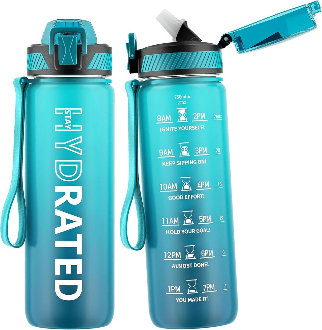Water Bottle with Straw, 27oz Motivational Water Bottles with Time Marker to Drink, Tritan BPA Free, 750ml Sports Water Bottle with Carry Strap LeakProof for School Fitness Outdoor (1Pack)