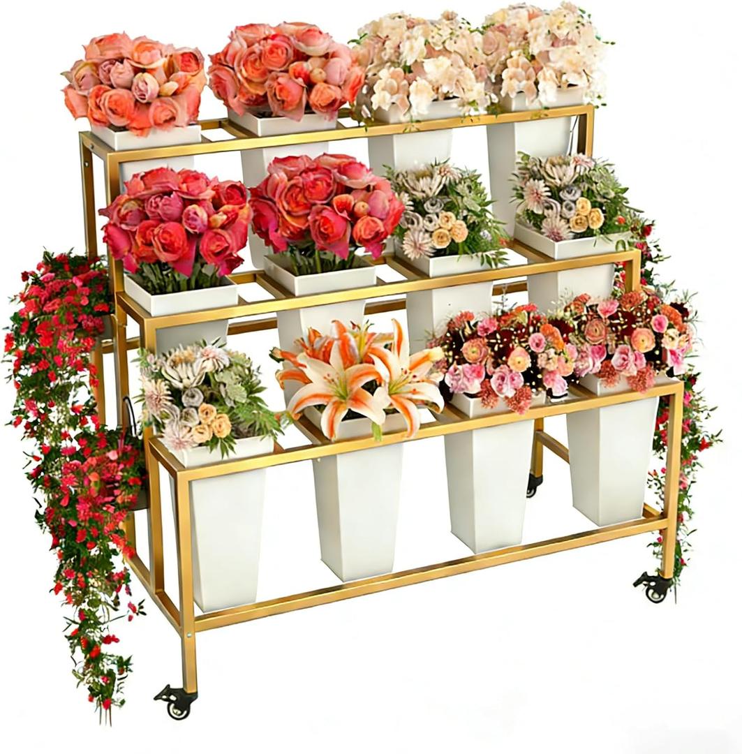 Three-layer Heavy-duty Metal Flower Bar Stand, Flower Cart Display Stand with Wheels, Flower Display Stand, Gold Flower Stand Without a Barrel (Gold)