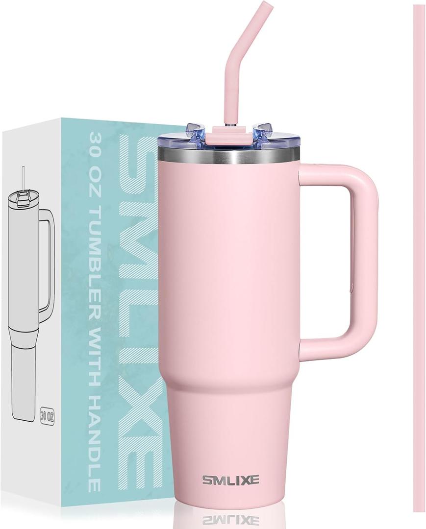 30 oz Tumbler with Handle, Tumbler with Lid and Straw, Double Wall Vacuum Insulated Travel Mug Stainless Steel Tumbler for Hot and Cold, Cupholder Friendly (Pink)
