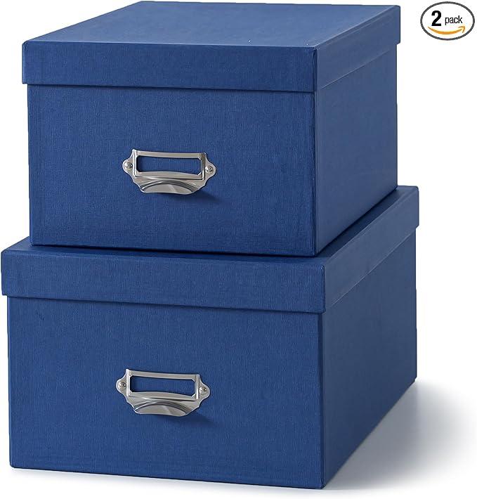 Soul & Lane Blue Decorative Cardboard Storage Boxes with Lids, Set of 2 Stacking Keepsake Photo and Memory Boxes for Home & Office, Elegant Paperboard Organizers with Label Holders and Drawer Pulls