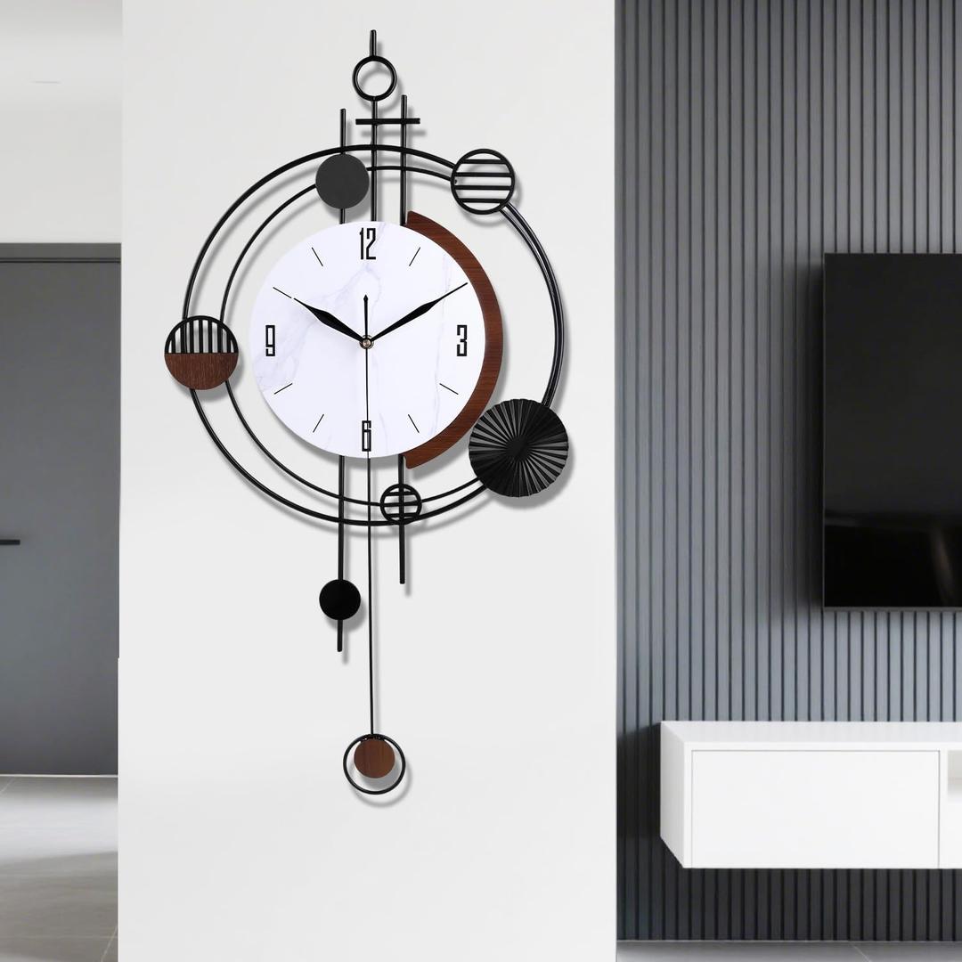 Wall Clock with Pendulum, Silent Quality Quartz Battery Operated, Round Analog Large Wall Clock for Living Room Kitchen Bathroom Bedroom Wall Home Decor, 15.4x28inch, Black