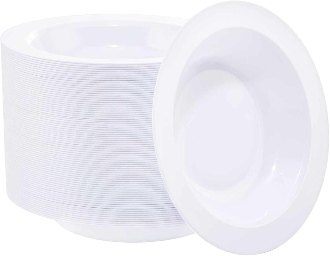 WDF 60pcs White Plastic Bowls-12 oz Disposable Heavy Duty White Plastic Soup Bowls for Wedding, Party, Independence Day, New Years